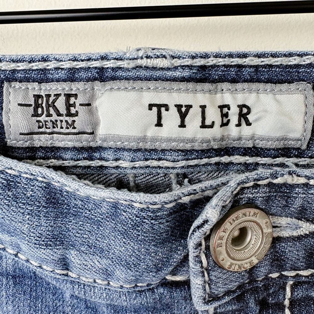 BKE Buckle‎ Tyler Straight Distressed Denim Jeans Mens 40S Blue Thick Stitch Y2K - Picture 2 of 14